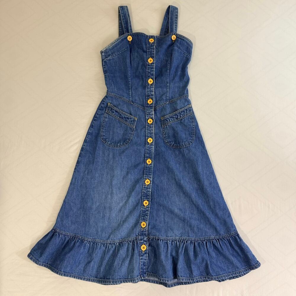 Vintage 70s Landlubber Denim Pinafore Dress Womens 9 Ruffle Hem Overall Jumper